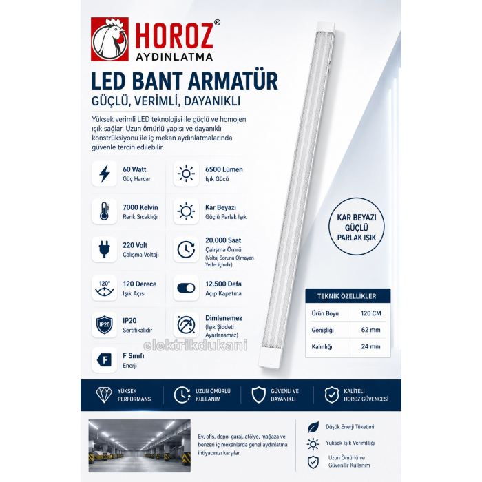 Horoz Gama-60 Réglette Led 120 cm 60w 7000k Blanc